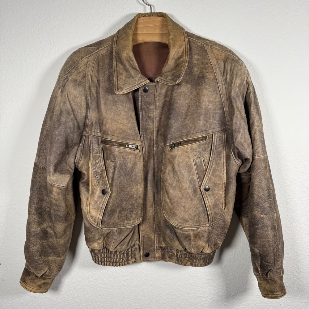 Vintage American Male Bomber Jacket Mens M Brown Distressed Leather Aviator